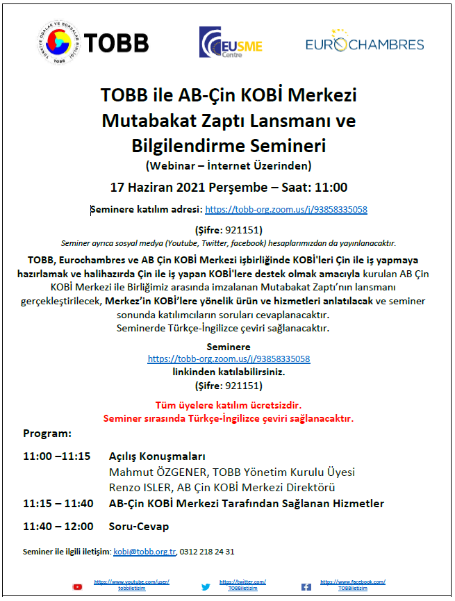 TOBB ile AB-Çin KOBİ Merkezi Mutabakat Zaptı Lansmanı ve Bilgilendirme Semineri
