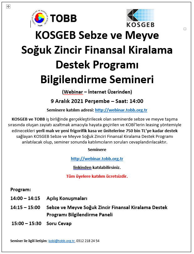 KOSGEB Sebze ve Meyve Soğuk Zincir Finansal Kiralama Destek Programı Bilgilendirme Semineri