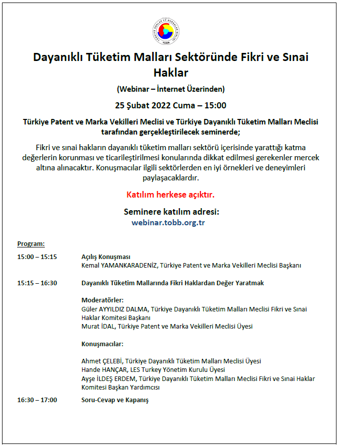 Dayanıklı Tüketim Malları Sektöründe Fikri ve Sınai Haklar Konulu Webinar