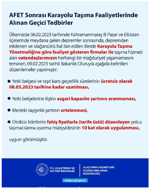 Afet Sonrası Karayolu Taşıma Faaliyetlerinde Alınan Geçici Tedbirler Hk.