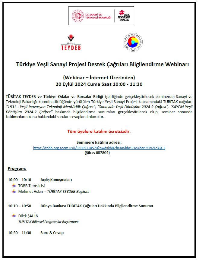 Yeşil Sanayi Projesi Destek Çağrıları Bilgilendirme Webinarı